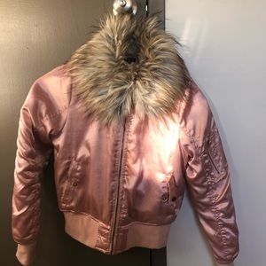 Pink Satin Puffer Jacket with Faux fur